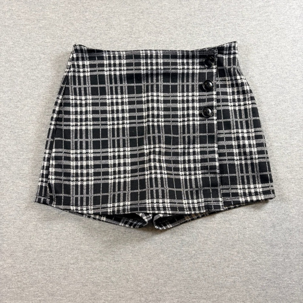 Full Tilt Plaid Skort Girls L Black White Button Front Wrap Mini Skirt Shorts